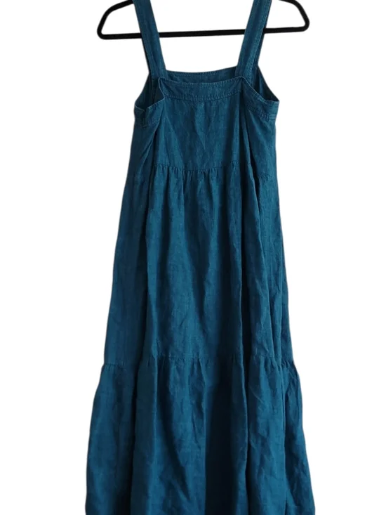 Eileen Fisher XXS Organic Linen Tiered Midi Dress Blue Square Neck Summer Beach - Picture 3 of 9